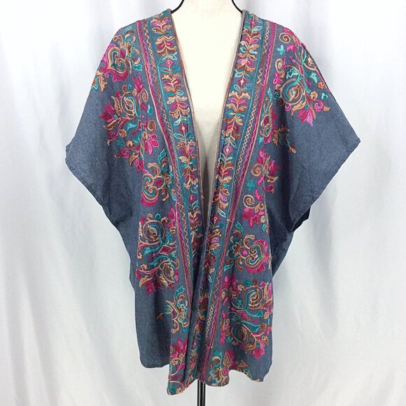 NWT Umgee Embroidered Open Kimono Duster Cardigan Floral Boho Side Slits - Picture 1 of 9